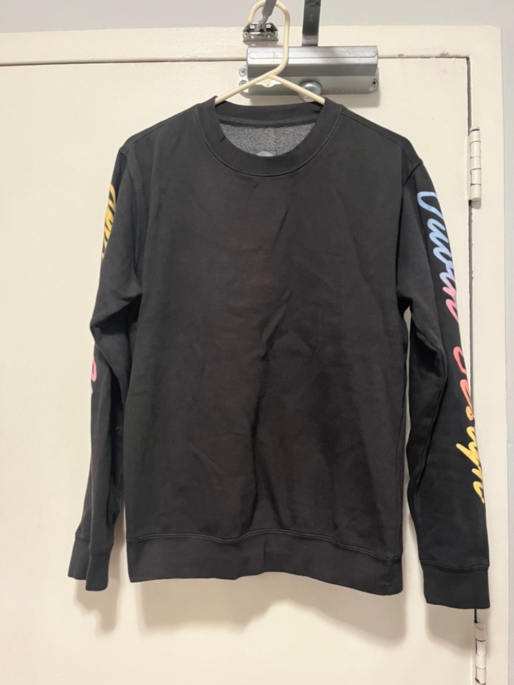 Men's Black Crewneck Sweater with Multicolor Script Sleeves